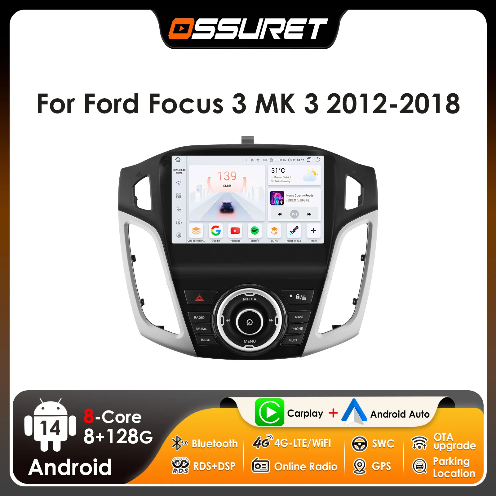 Ossuret 2din 9 polegadas android13 rádio do carro para ford focus 3 mk3 2011 - 2017 auto estéreo carplay navegação gps rds dsp 4g bt swc