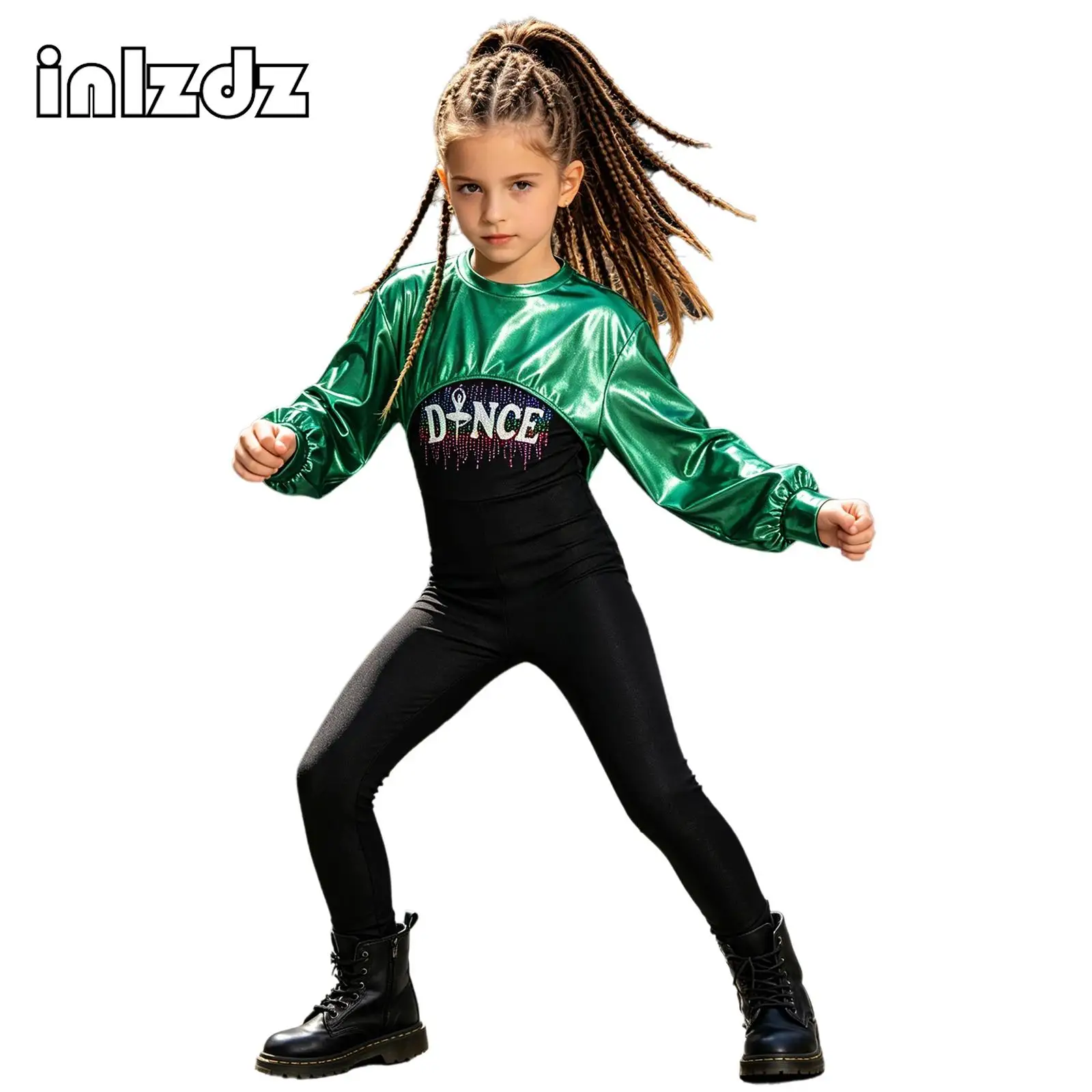 Kids Girls Hip Hop Jazz Street Dance Outfits Stage Performance Costume Asymmetrical Hem Crop Top with Jumpsuit Sets Dancewear