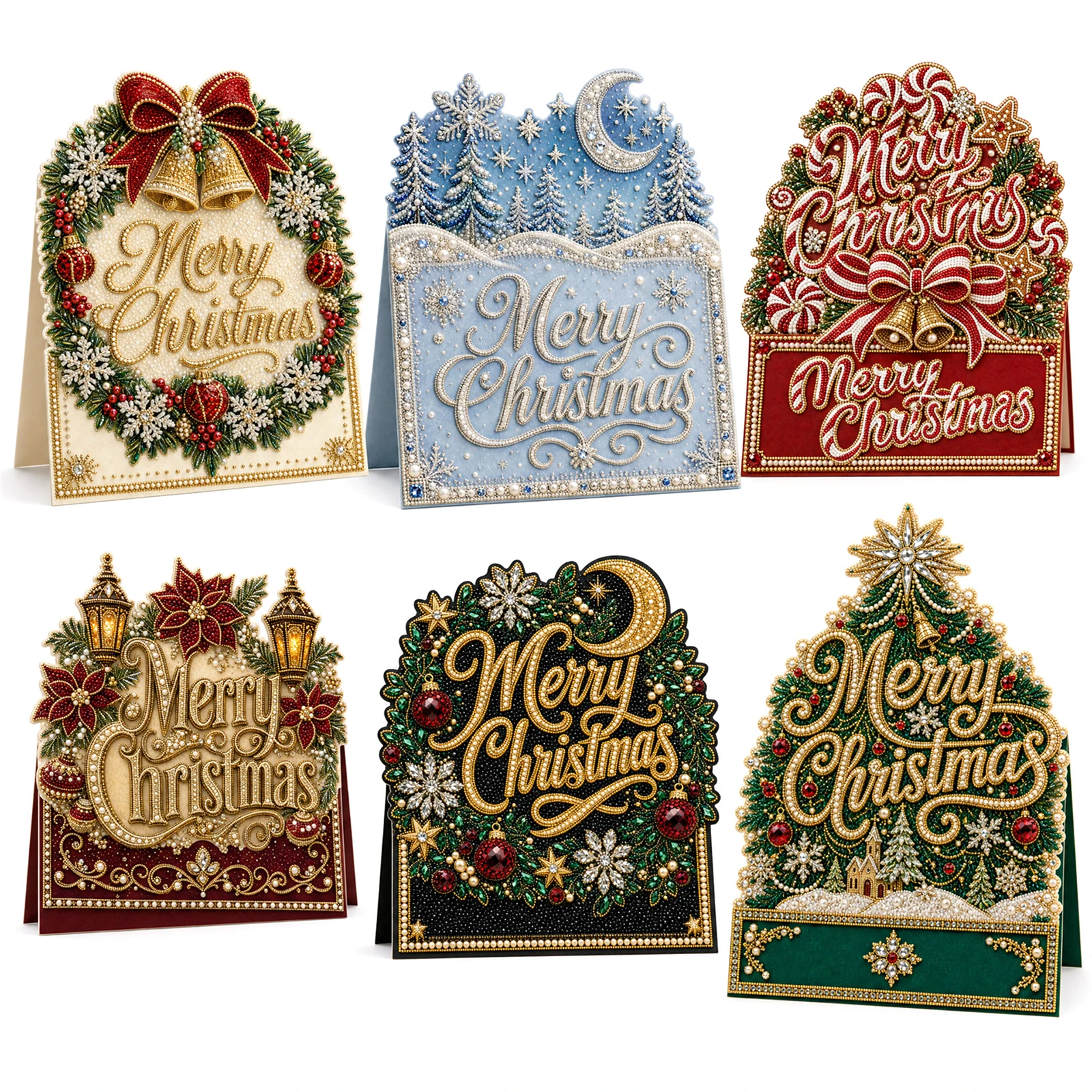 6Pcs 3D Pearl Diamond Art Christmas Cards DIY Craft Kit with Envelopes 15x15cm