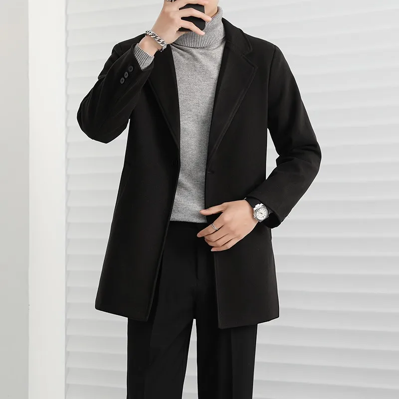 

Spring Autumn Winter Men's Woolen Coat Medium Length Suit Collar Casual Maturi Sle Korean Version Faionable Outerwear