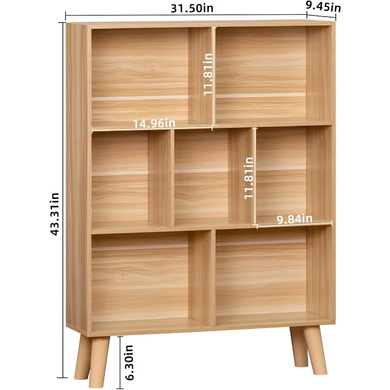 Wooden 7 Cube Book Shelf, Natural 3 Tier Bookshelf with Legs, Modern Open Storage Organizer,Boho Bookcase,Display Cabinet Shelf