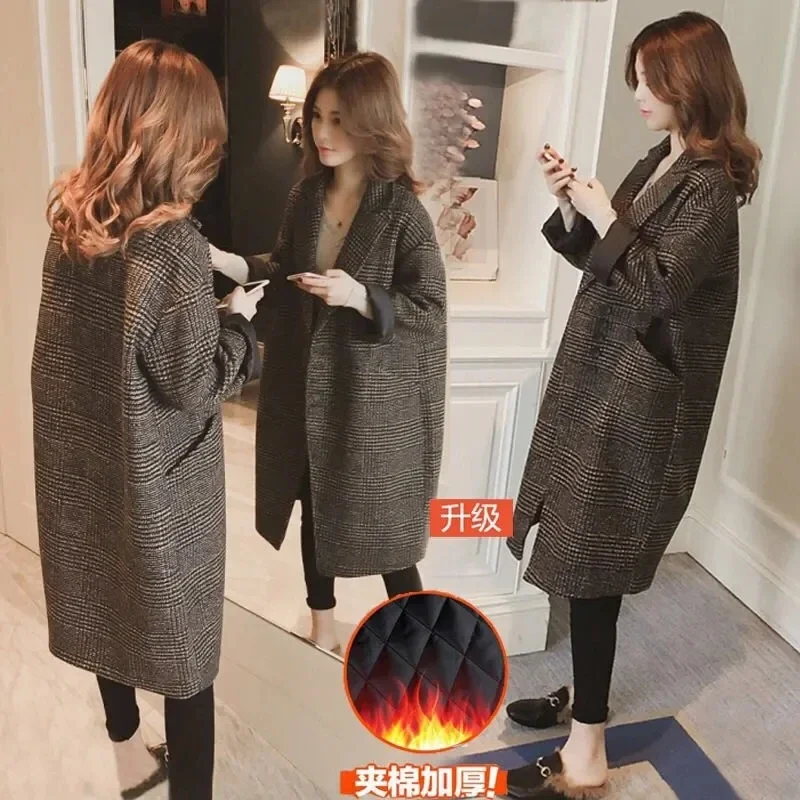 

Spring Autumn New Fashion Korean Mid-Length Houndstooth Woolen Jacket Women Suit Collar Plaid Over The Knee Cocoon Coats