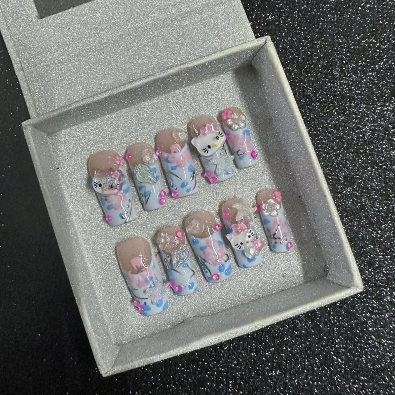 

Sanrio Hello Kitty False Nail Kawaii Cartoon Full Cover Press on Fake Nails Tips Kawaii Acrylic Artificial Fingernails for Girls