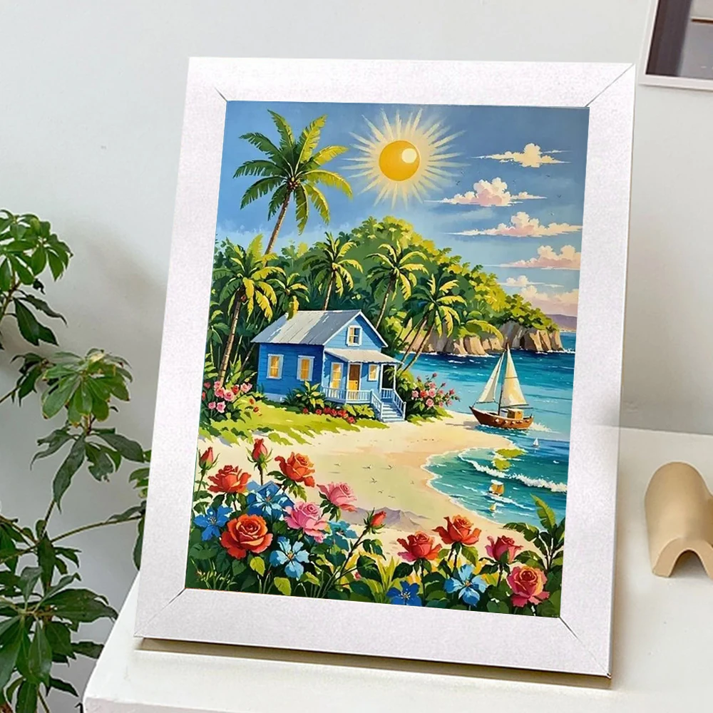 Summer Seaside Coconut Tree Sea View Room 5D Full Circle Diamond Painting set Seaside Sailboat DIYMosaic Embroidery Cross Stitch