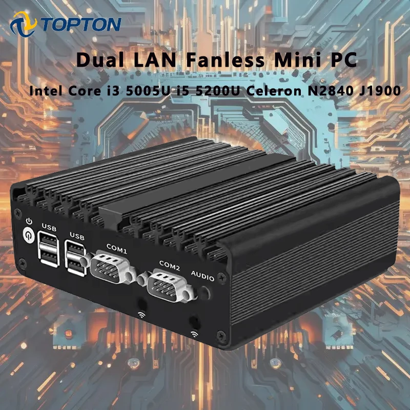 Topton Dual LAN Fanless Mini PC Intel Core i3 5005U i5 5200U Celeron N2840 J1900 6xUSB Industrial Firewall Computer Home Server