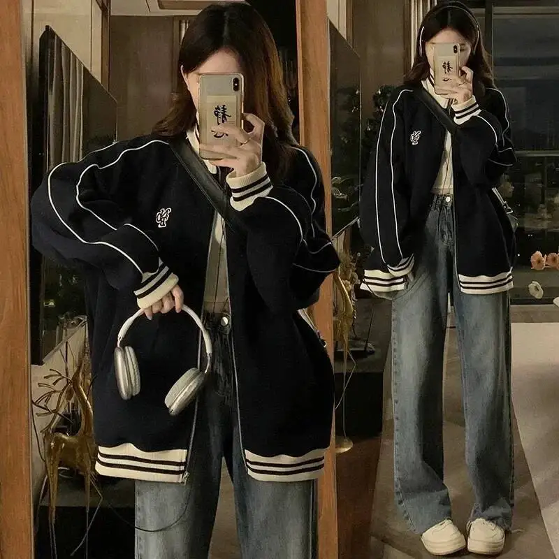 

Retro American Style Women's Baseball Jacket Loose Fit Stand Collar Sweatshirt Outerwear Spring Autumn Casual Trendy Top