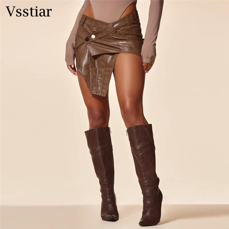 

Vsstiar Chic High Waist Leather PU Women Skirts New Fashion Streetwear Irregular Mini Skirt Summer Party Clubwear Y2K Clothes