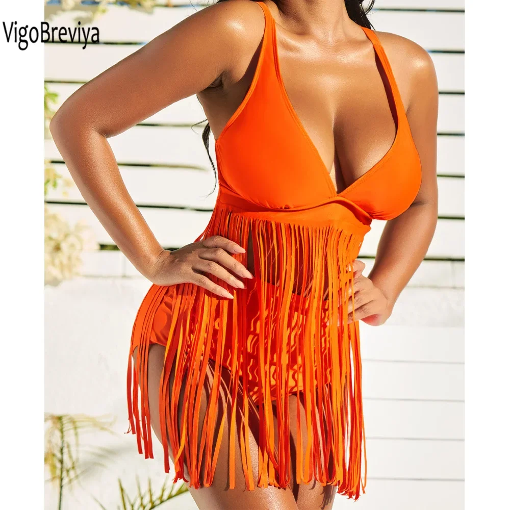 

VigoBreviya 2025 Solid V Neck Strapped Tassel Swimwear Women Sexy High Waist Bikini Push UP Swimsuit Summer Beack Bathing Suit