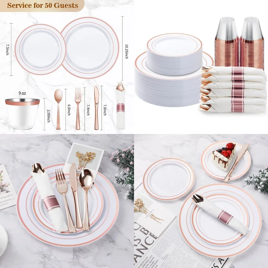 

175 шт., набор пластиковой посуды розового золота, одноразовые праздничные тарелки для 25 гостей, включая 50 пластиковых тарелок, 25 предварительно скрученных салфеток