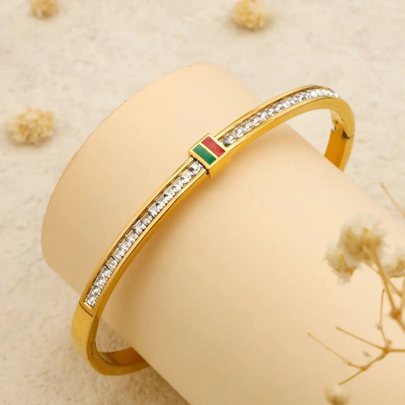 1 Piece Width 3mm No Fading Stainless Steel Enamel bracelet breloques acier inoxydable Luxury Zircon Bangles Women Wholesale