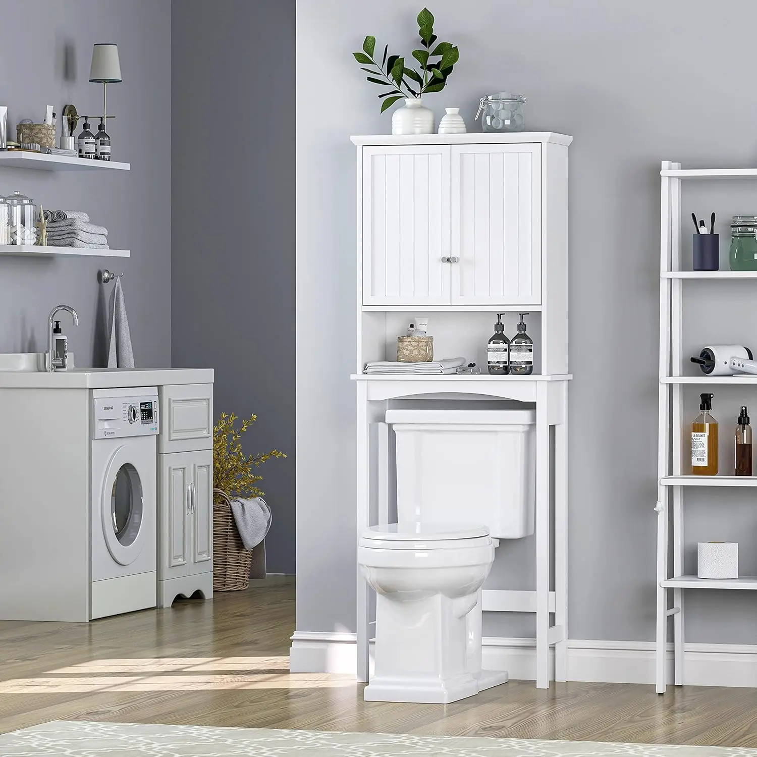 Bathroom Storage Over The Toilet, Bathroom Cabinet Organizer with Adjustable Shelves and Double Doors, White