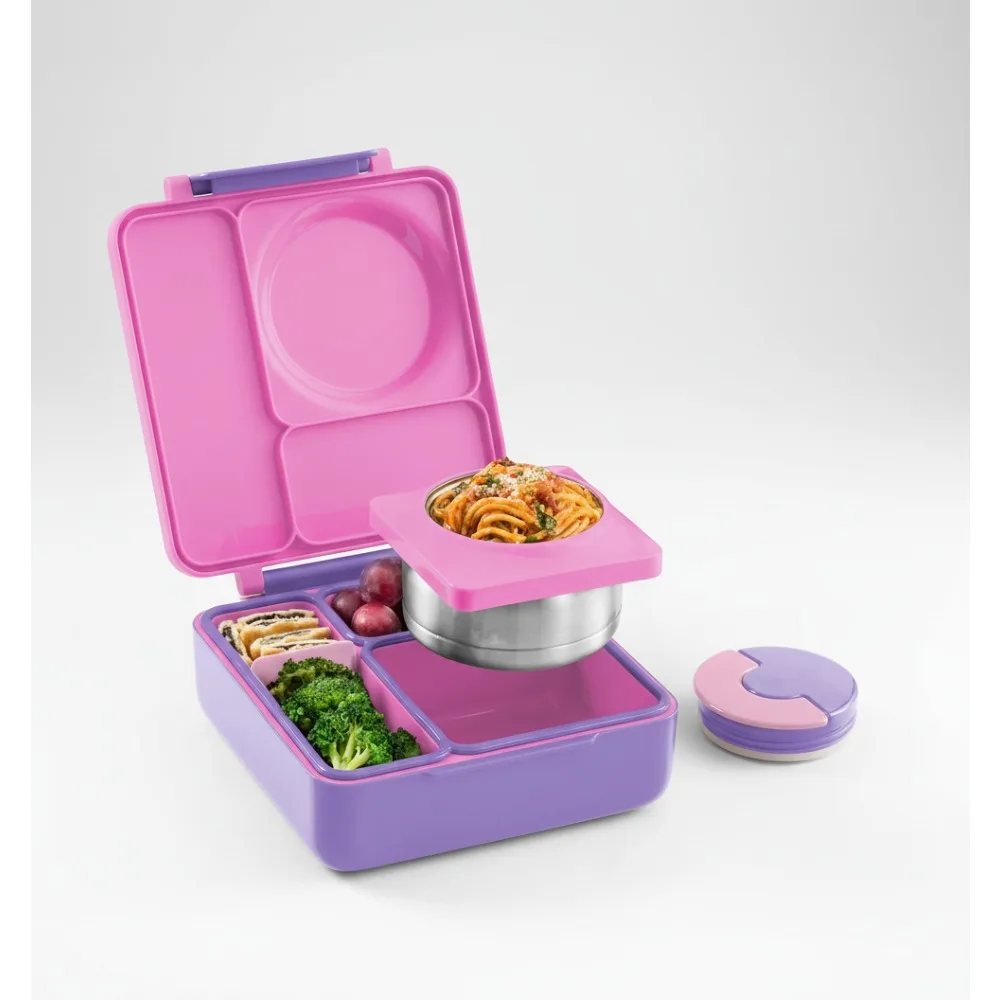 

Insulated Kids Bento Lunch Box with Leak Proof Vacuum Jar - 3 Compartments, Two Temperature Zones in Unicorn Pink