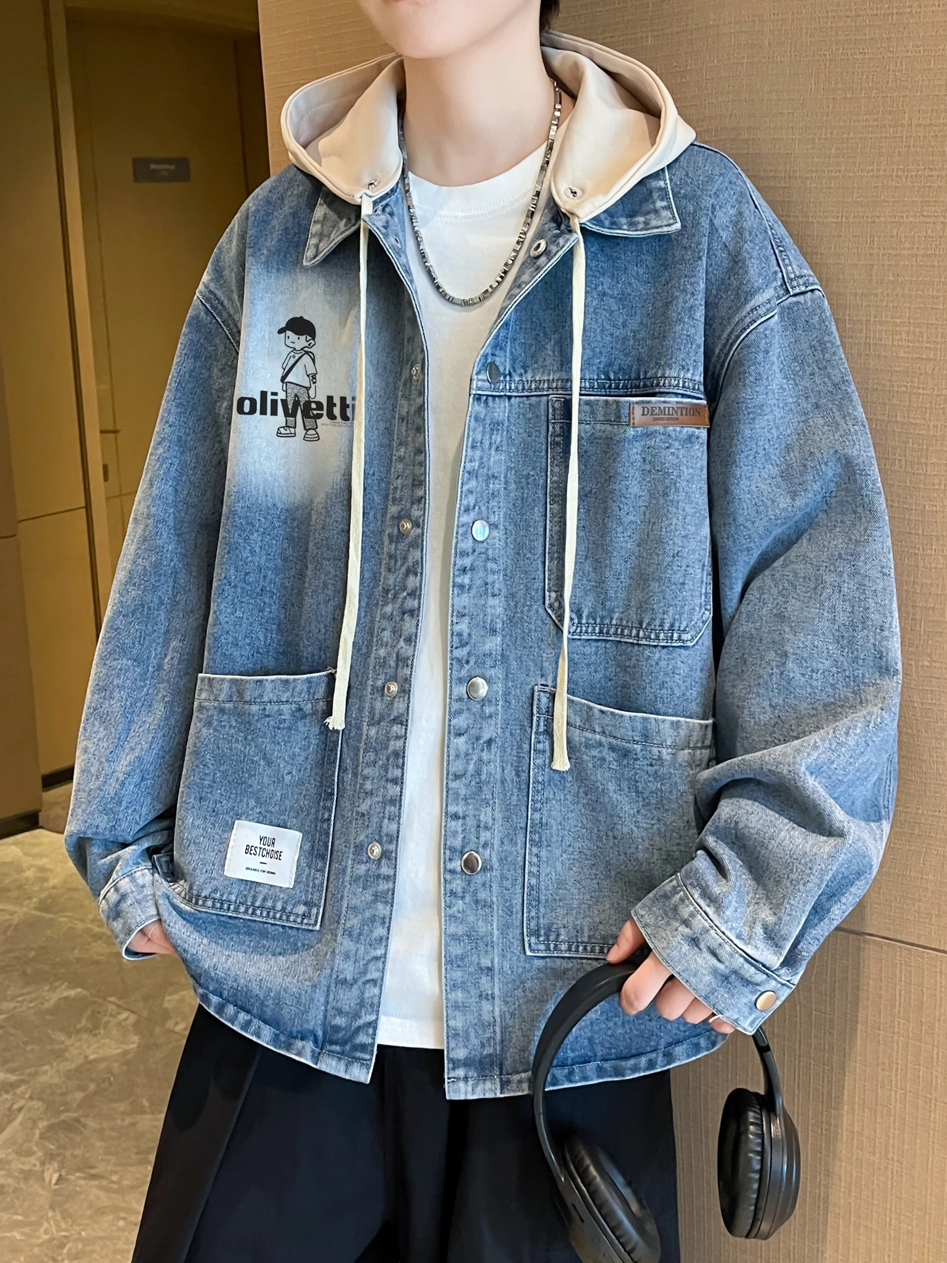 Trendy Denim Jacket for Men Autumn New Style Casual Loose Fit Hooded Coat Fashionable for Teenagers And Students