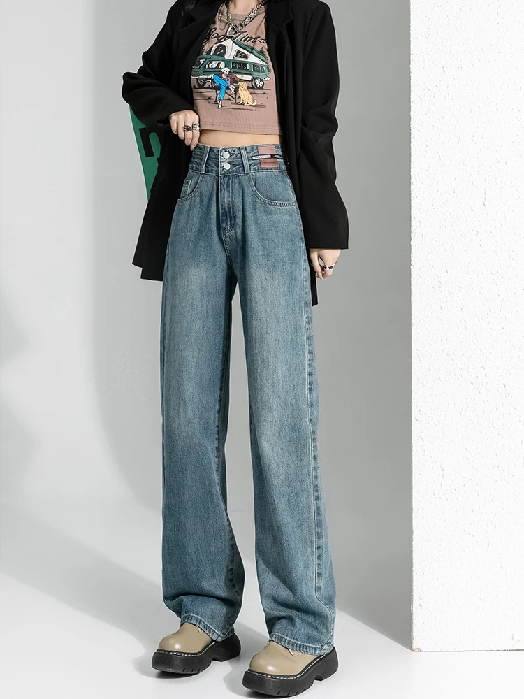 WCFCX STUDIO Winter Retro Women's Jeans Fashion Slim High Waist Straight Denim Pants Y2k Wide Leg Trousers 2023