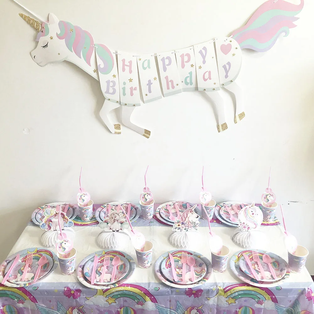 New Children's Rainbow Unicorn Birthday Party Disposable Tableware Set Paper Cup Paper Towel Unicorn Balloon Party Decoration