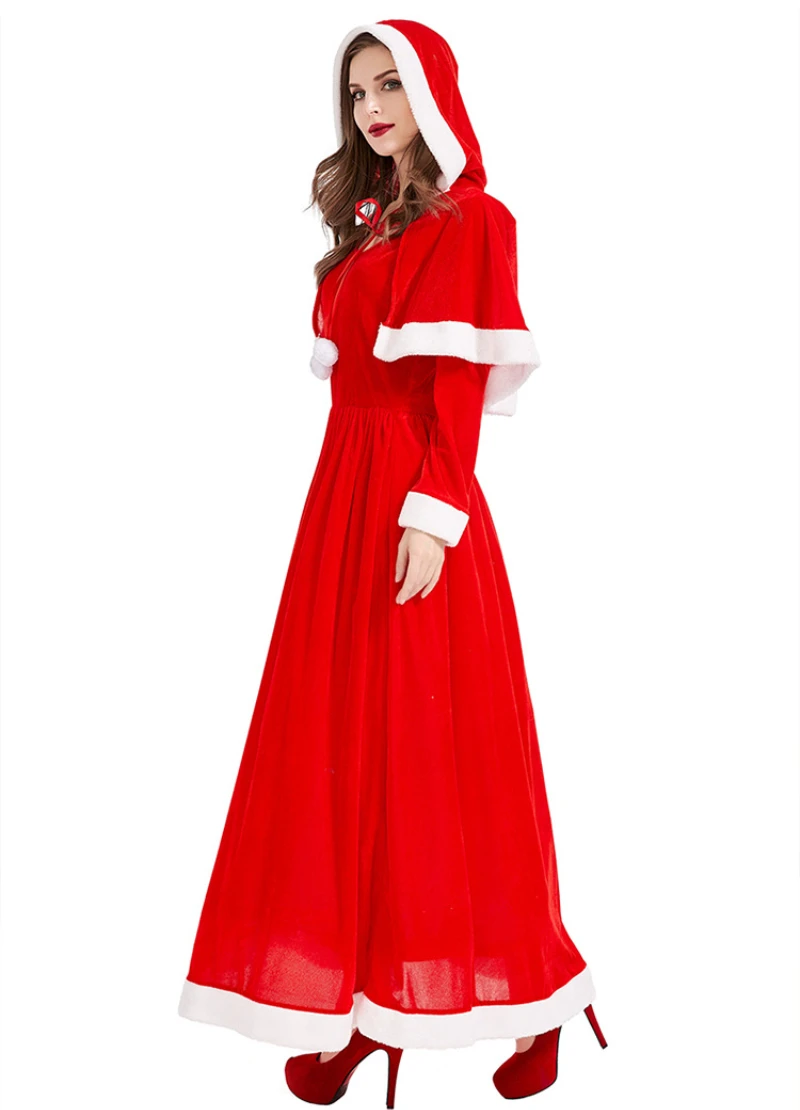 New Year Women Santa Claus Cosplay Costumes Adults Women Red Green Long Sleeve Dress with Hooded Cloak for Christmas Costumes