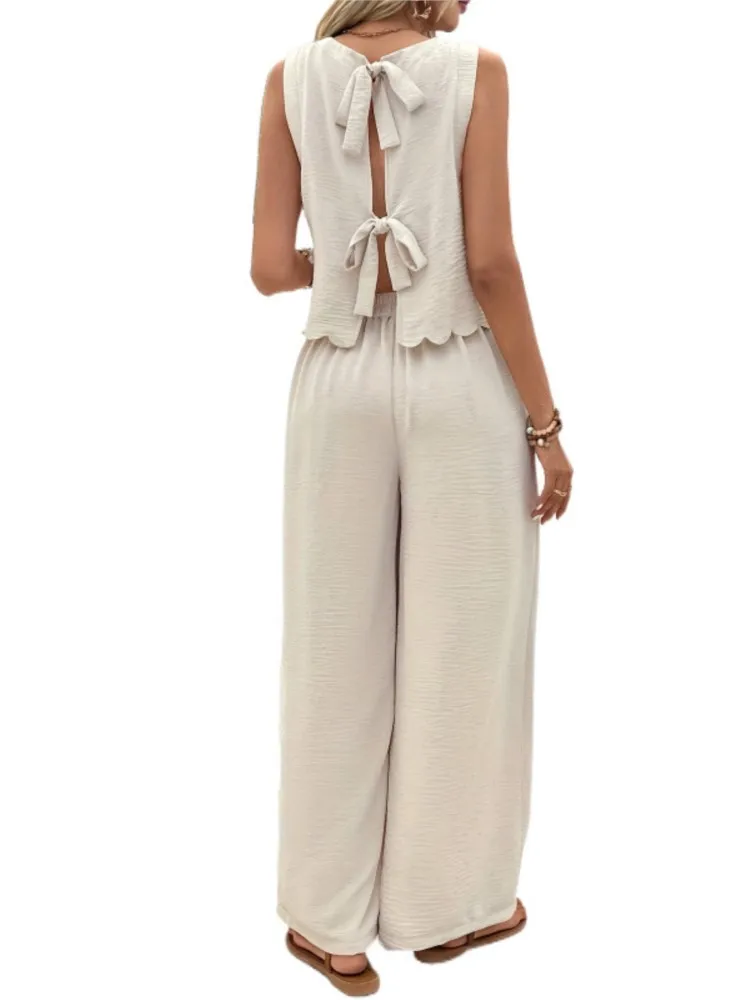 Summer Women's Casual Two-piece Set Solid Color Sleeveless Vest Hollow Out Lace Up Top Wide Leg Pants Suits Fashion Commute