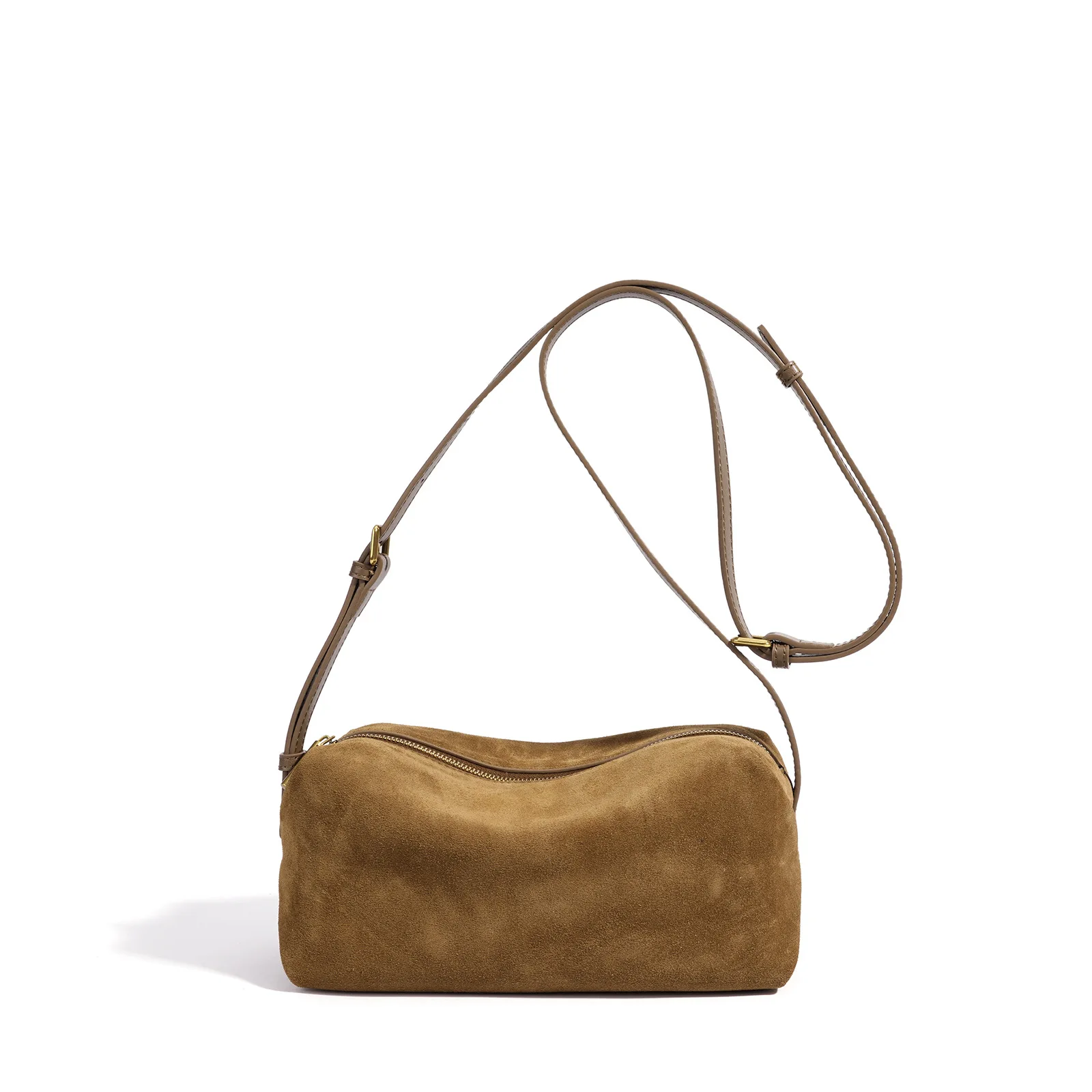 Split Suede Cowhide Cylinder Underarm Bag Women Retro Daily Shoulder Crossbody Bag Adjustable Strap Soft Leather Small Handbag