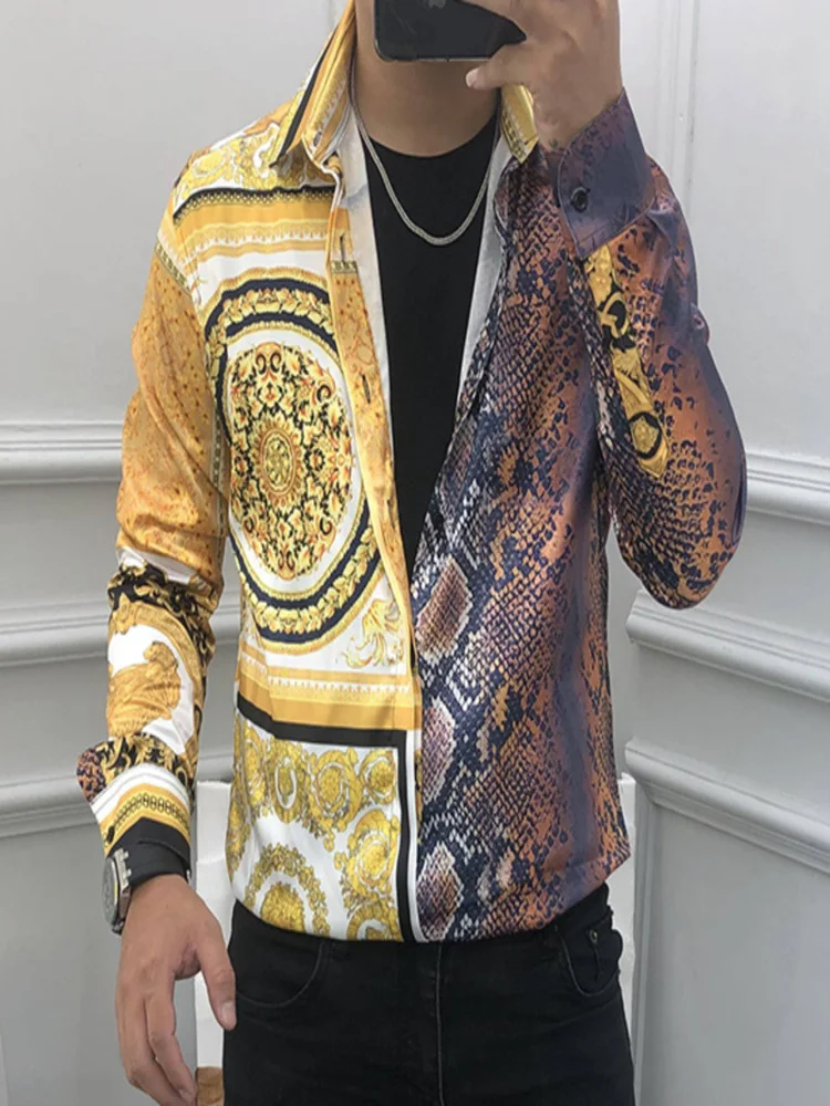 

Gold Snake Stitching Printing Dress Shirts Luxury Baroque Long Sleeve 2024 Spring Black Palace Social Slim Men