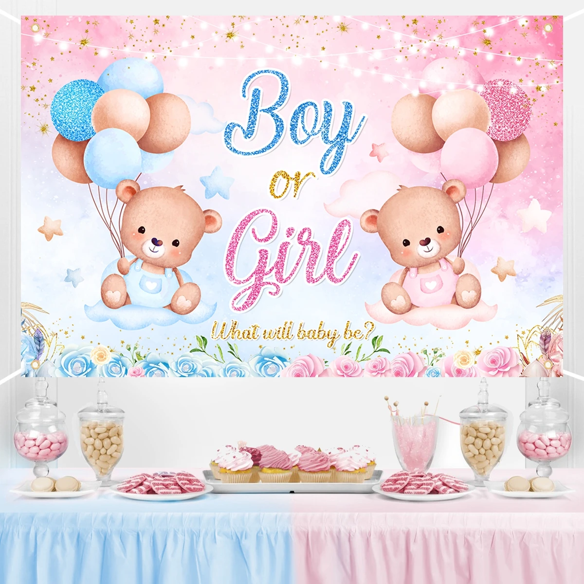 Image of 150×100cm Gender-Reveal-Hintergrund Rosa Blau Teddybär Geschlechts-Enthüllungsparty-Dekorationen Gender-Reveal-Party-Hintergründe