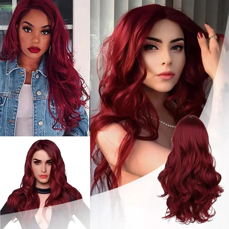 Wine Red Lace Front Synthetic Body Wave Long Curly Wig For Women 24 Inch Middle Part Highlight Fluffy Transparent Fashion Wig