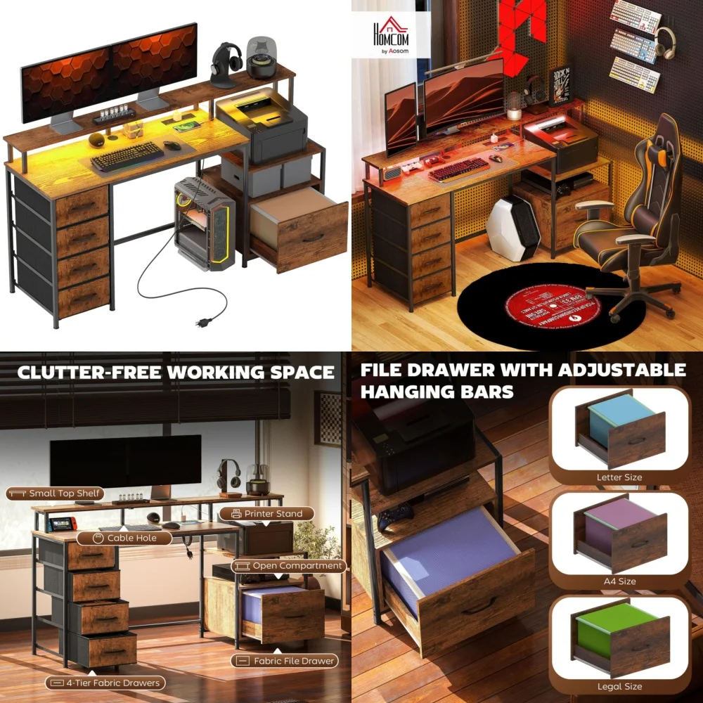 

Computer Desks67 inch gaming desk with file cabinet and fabric drawers computer table for home office workspace organization and