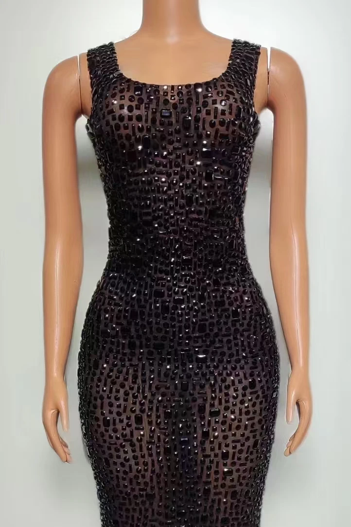 Sexy Stage Sparkly Rhinestones Sleeveless ShortDress Women Mesh See Through CelebrateEvening Prom Birthday Photoshoot Dress A380