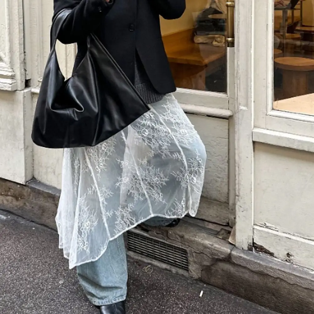 

High Waist Lace Midi Skirt Irregular Side Slit See Through Lace Drawstring Skirt Y2K Streetwear Embroidered Flower