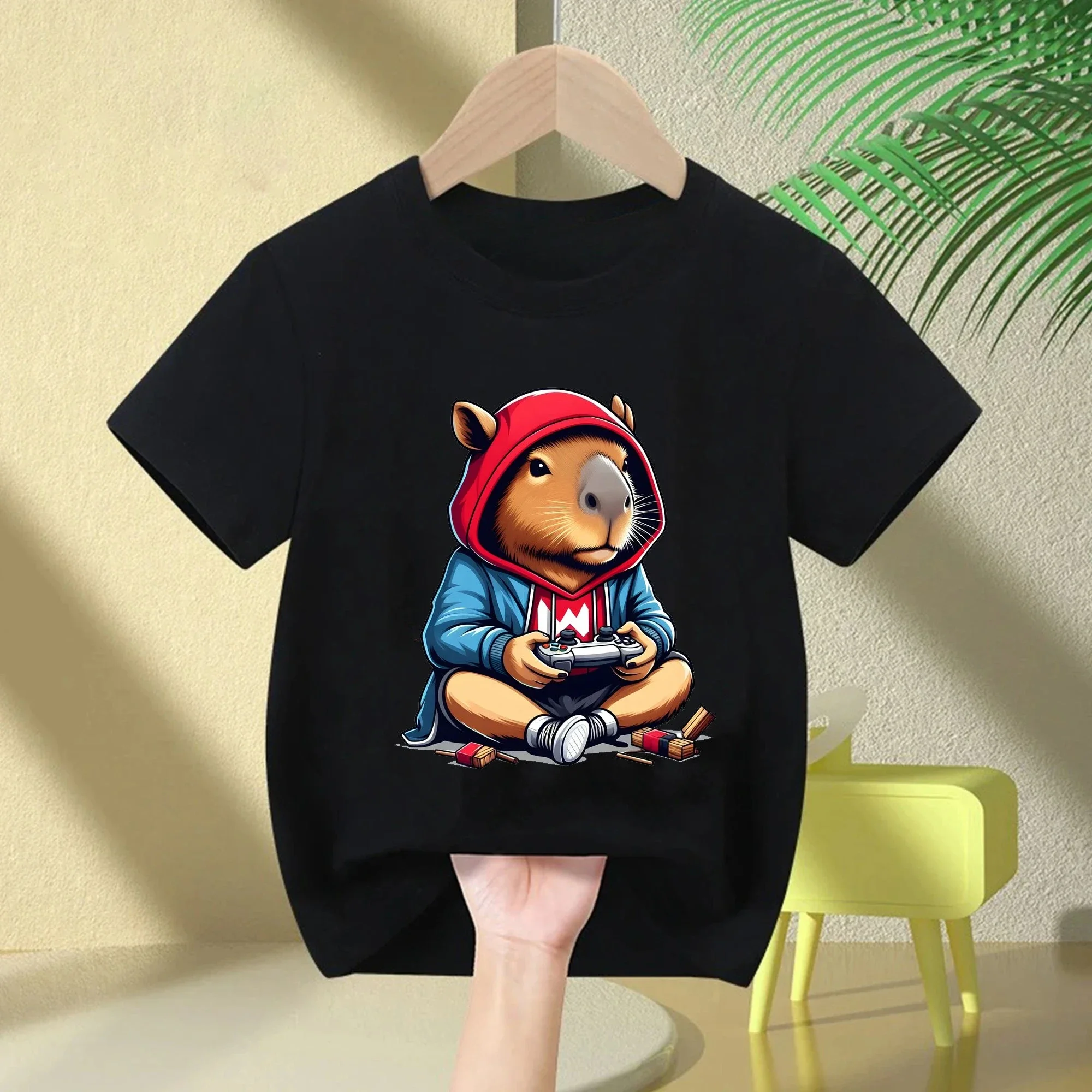 

Cute Capybara Loves Bubble Tea Print Kids T-Shirt Summer Children's Cartoon Short-sleeved Casual Tops Boys and Girls Clothing