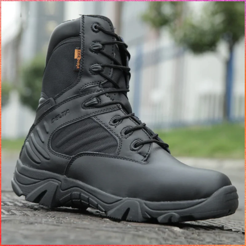 2024 High Top Black Men Tactics Combat Shoes Army Boots Outdoor Hiking Boots Size 46 Lightweight Work Safety Shoes Ankle Boots