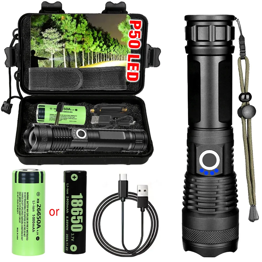 

Супер яркий светодиодный фонарик P50 с высоким люменом — перезаряжаемый портативный сверхмощный фонарик для работы на открытом воздухе и экстренного использования