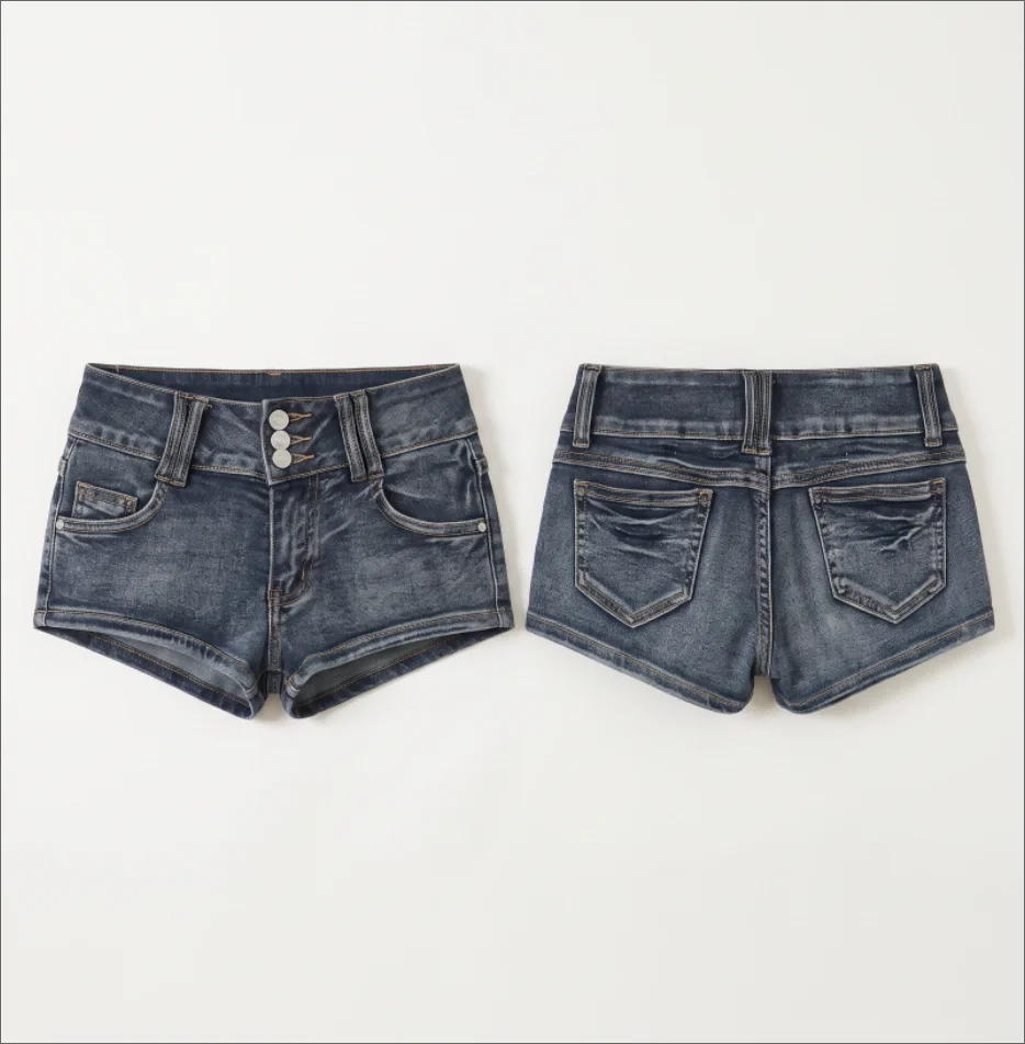 Women 3 Button Fly Retro Washed Denim Shorts Low Waist Slim Fit Ultra Short Hot Pants Wrapped Hip Retro Sexy Cute Mini Shorts