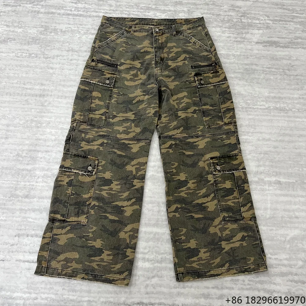 Men's High Quality Camo Denim Jeans Multi-Pocket Plus Size Streetwear Camouflage 3D Wide Leg Baggy Custom Cargo Pants