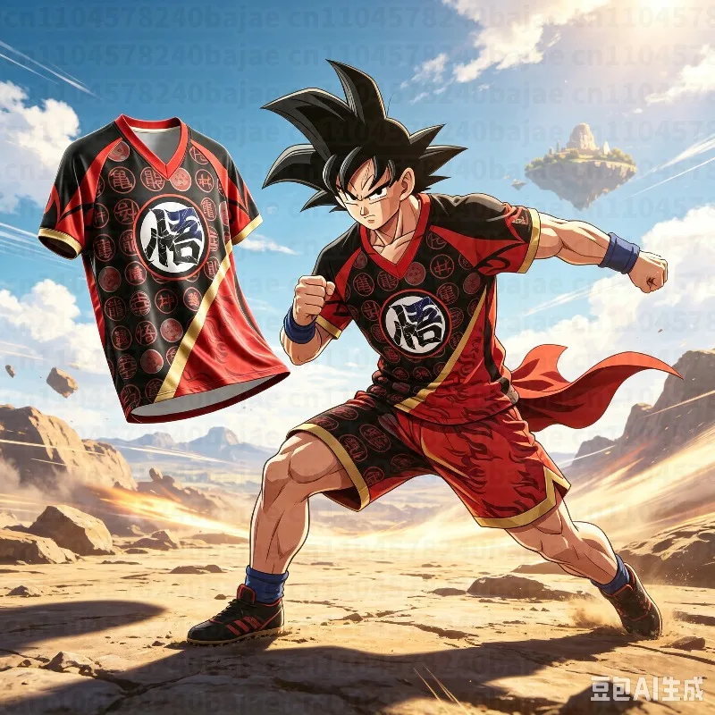 Camiseta de fútbol con cuello en V y diseño de Goku de Dragon Ball Z, con símbolos kanji, para hombre, estilo Y2K, ideal para Comic Con, atuendo informal de estilo shonen otaku.