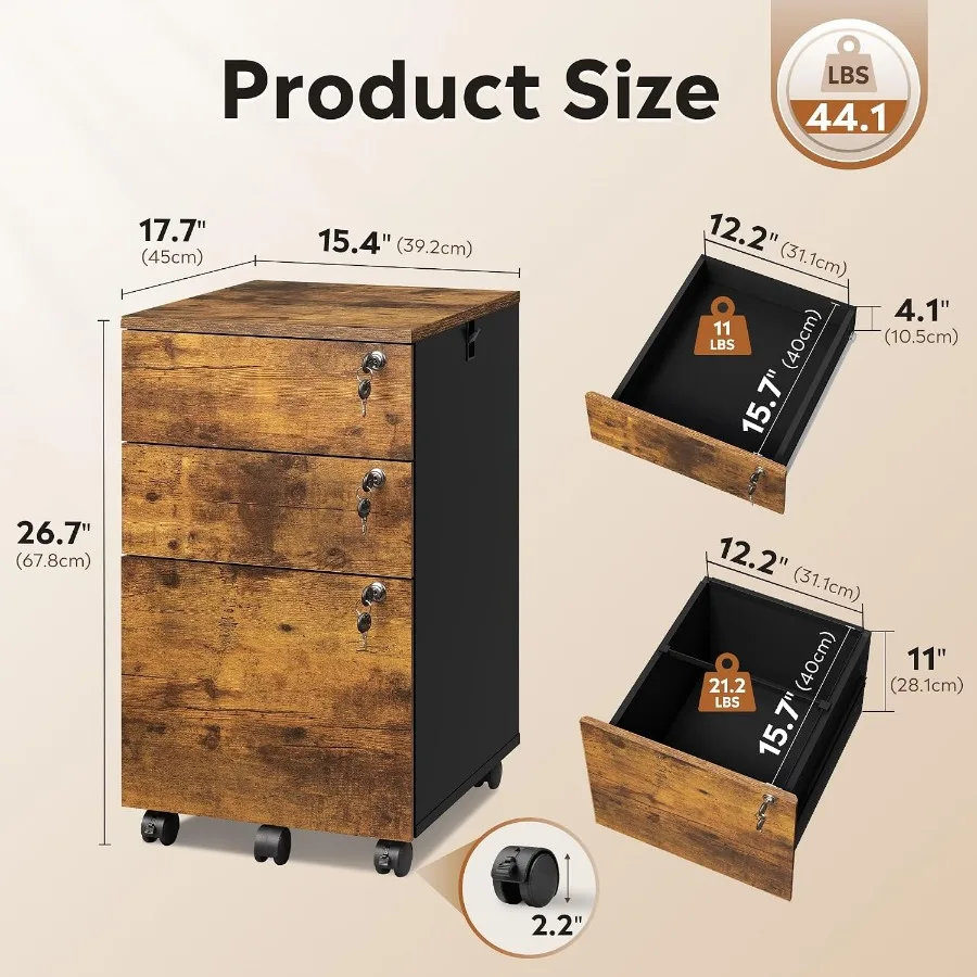 3 Drawer Wood File Cabinet with Individual Locks