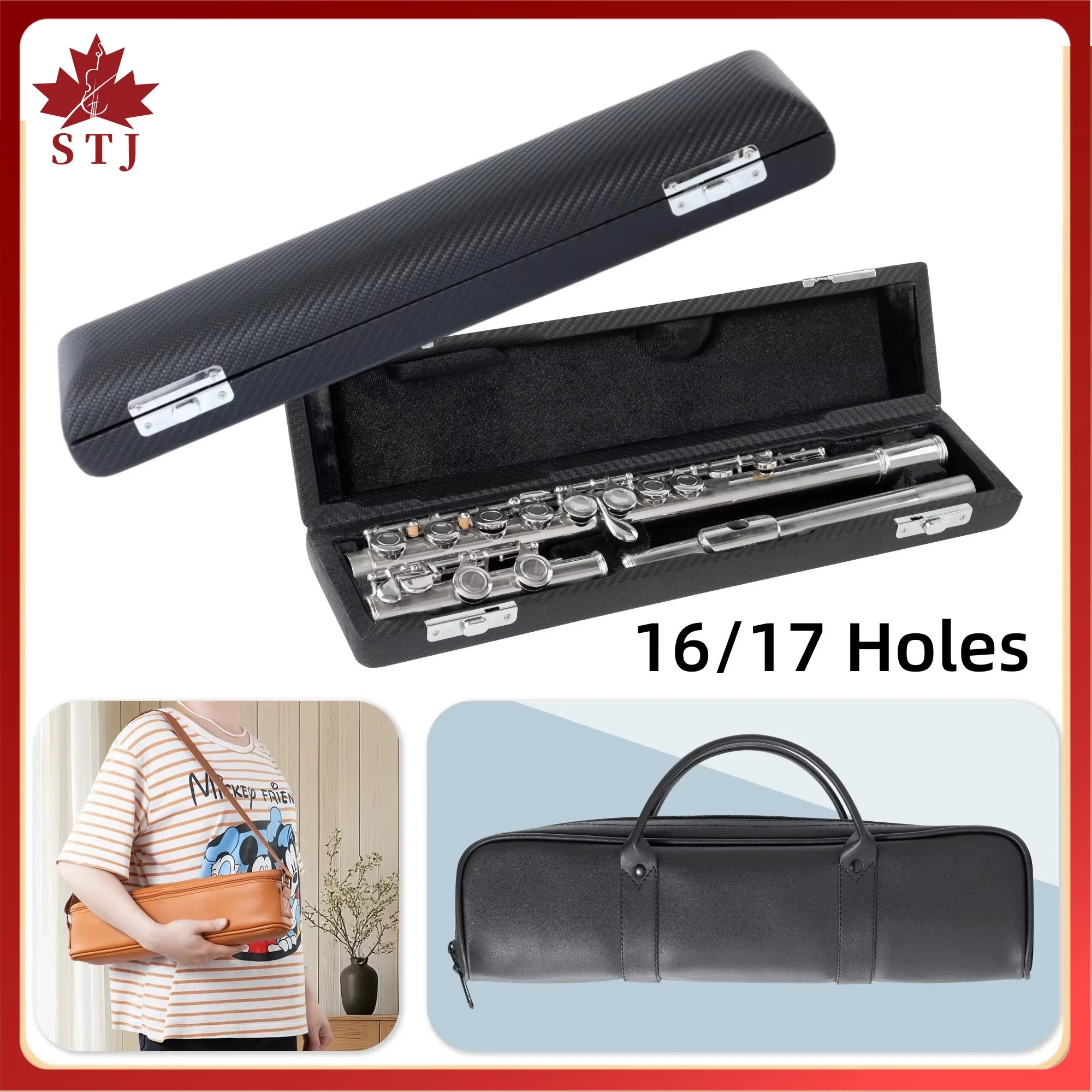 16/17 Holes Flute Case Flutes Box Black Leather Wooden Flute Shoulder Soft Bag Leather Case Carrying Bag Instrument Accessories