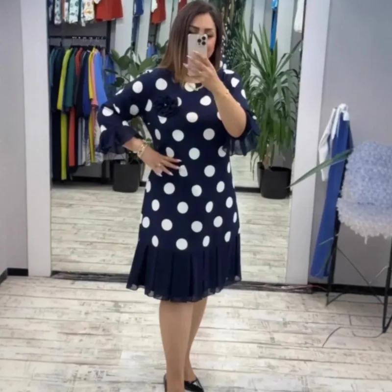 

Elegant Polka Dot Printed Dress 2026 Summer Patchwork Net Fabric Pleated O-Neck Dress Casual Holiday Dresses For Women Clothing