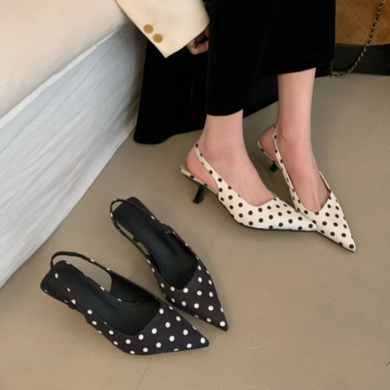 Летние женские туфли-мюли с острым носком на высоком каблуке, модные сандалии с открытым задником, элегантные туфли в горошек для банкетов и вечеринок