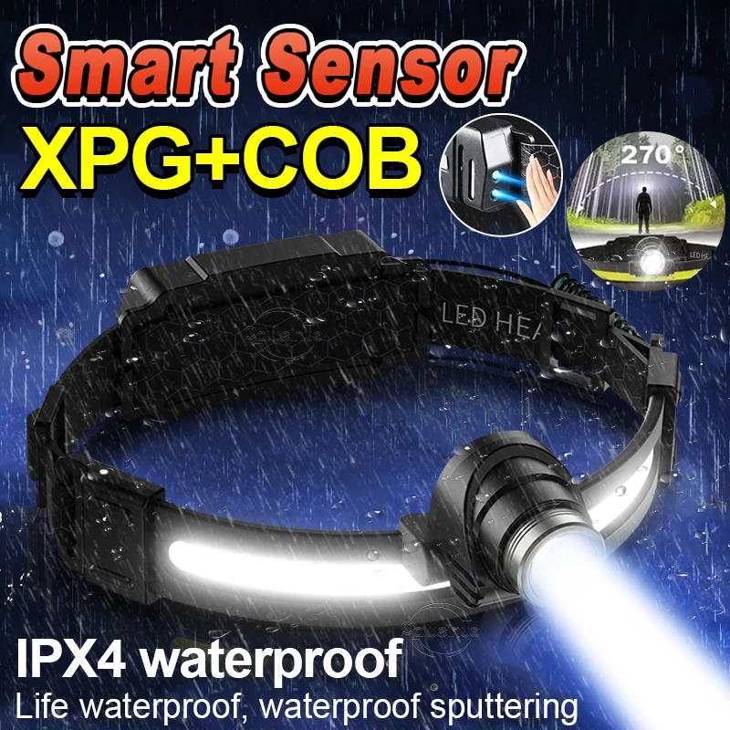 New Sensor Headlight Led Light Outdoor Super Bright Light Zoom Model Large Floodlight COB Head-mounted Fishing Light Headlamp