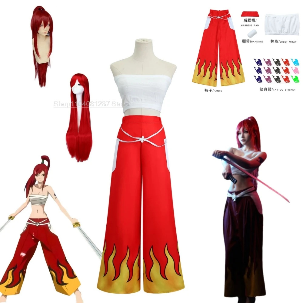 Anime Cosplay Women Japanese Anime Role Erza Scarlet Costume Pants White Tube Tops Red Cool Set Dark Blue Tail Tattoo Sticker