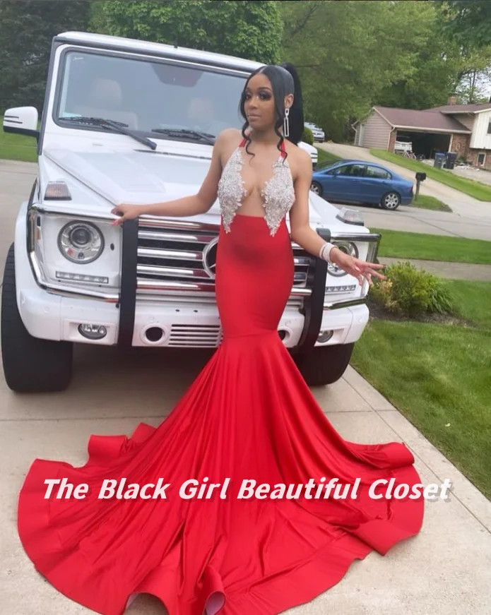 Sexy Red Prom Dresses Black Girls See Through Diamonds Sequins Decoration Party Gowns New Halter Fishtail Hem Long Dresses