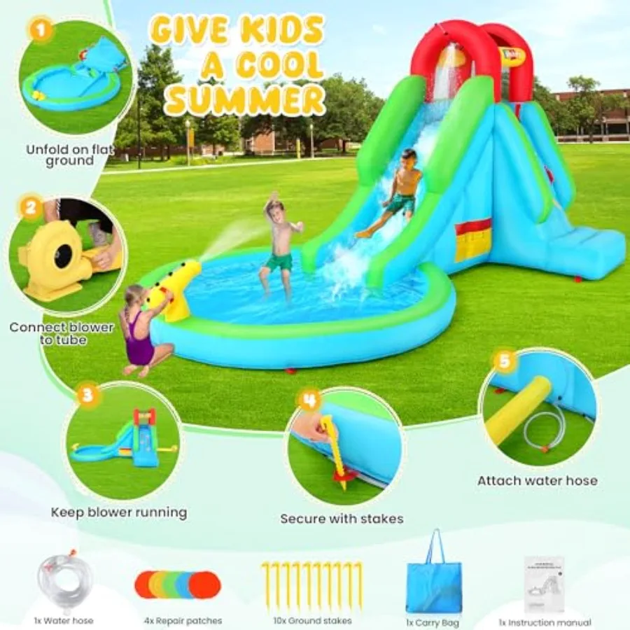 Inflatable Water Slide Bounce House for 3-12 PVC Aqua Blue Heavy-Duty Vinyl with Reinforced Seams Splash Pool Sprinkler System view 4