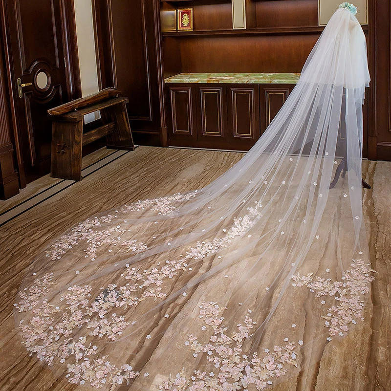 فاخر الوردي الدانتيل زهرة 350 سنتيمتر حجاب الزفاف الطويل لزفاف الكنيسة لينة تول طبقات مزدوجة كاتدرائية طرحة زفاف الذيل مخصص #4