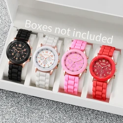 Reloj de silicona para mujer, conjunto de reloj de cuarzo de colores blanco, rosa, rojo y negro, 4 piezas por juego