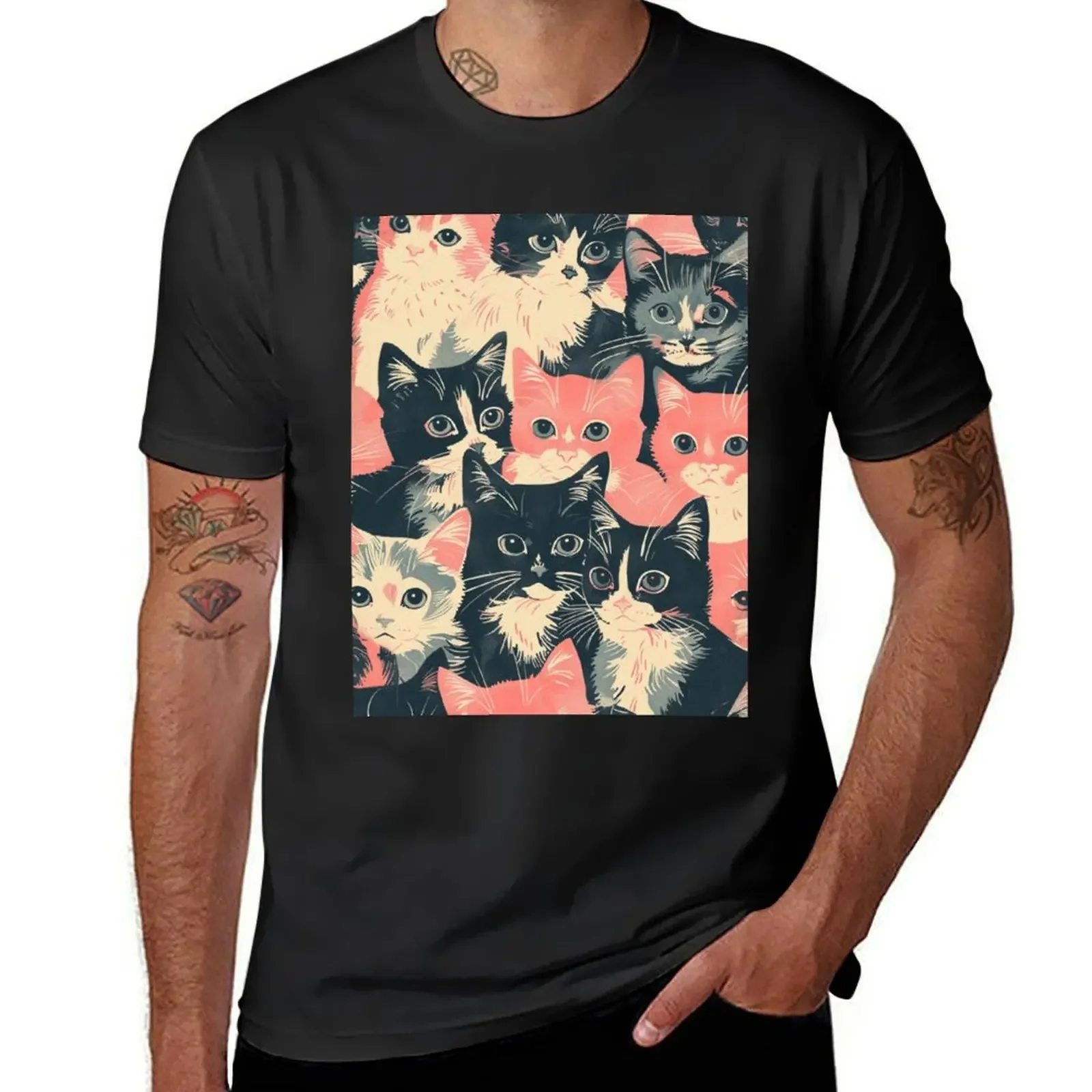 

Adorable Vintage Cute Cats Kittens Pattern Art T-Shirt customs anime clothes tops mens vintage t shirts