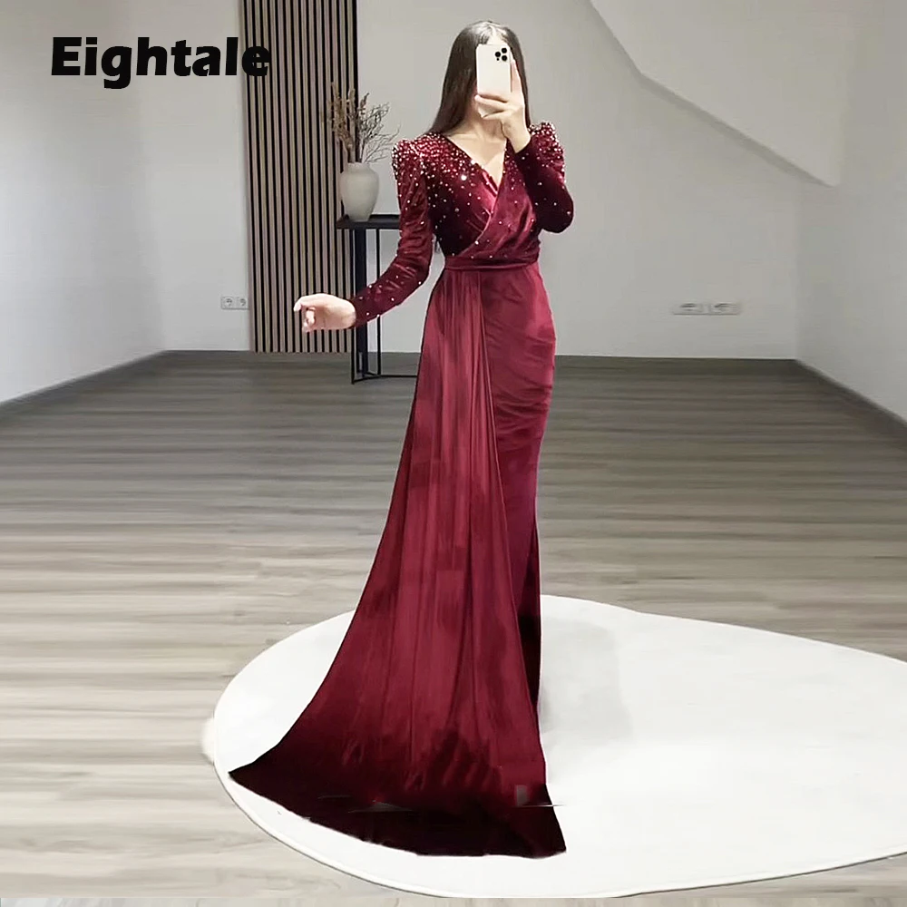 Eightale Velvet Evening Dress for Wedding Party V-Neck Beaded Sexy Side Slit Mermaid vestidos otoño invierno Burgundy Prom Gowns