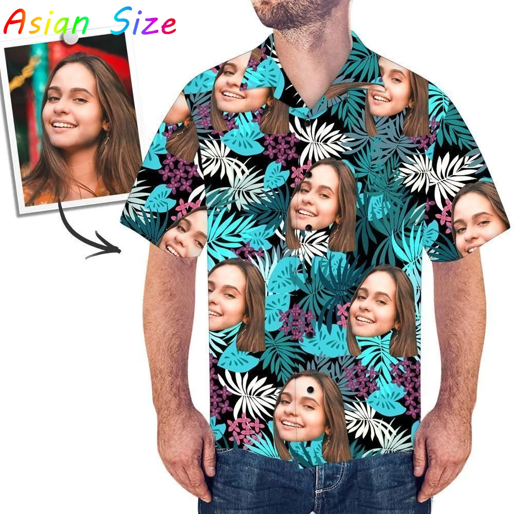 Camisas de playa tropicales hawaianas personalizadas, Camisa hawaiana con botones de diseño de cara Diy, fotos personalizadas, blusas femeninas, Camisa informal Unisex