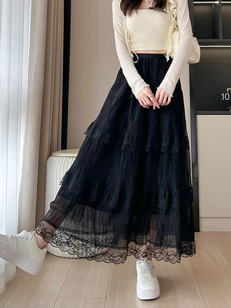 Jmprs Lace Patchwork Chic Long Skirt Women Sweet High Waist Fashion Loose Skirts Korean Casual Summer All Match Long Skirts New