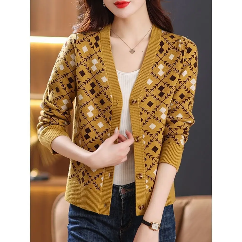 Spring Autumn Fashion Printing Plaid Knitting Cardigan Sweater Ladies All-match Buttons V-neck Sleeveless Coat Women's Clothing