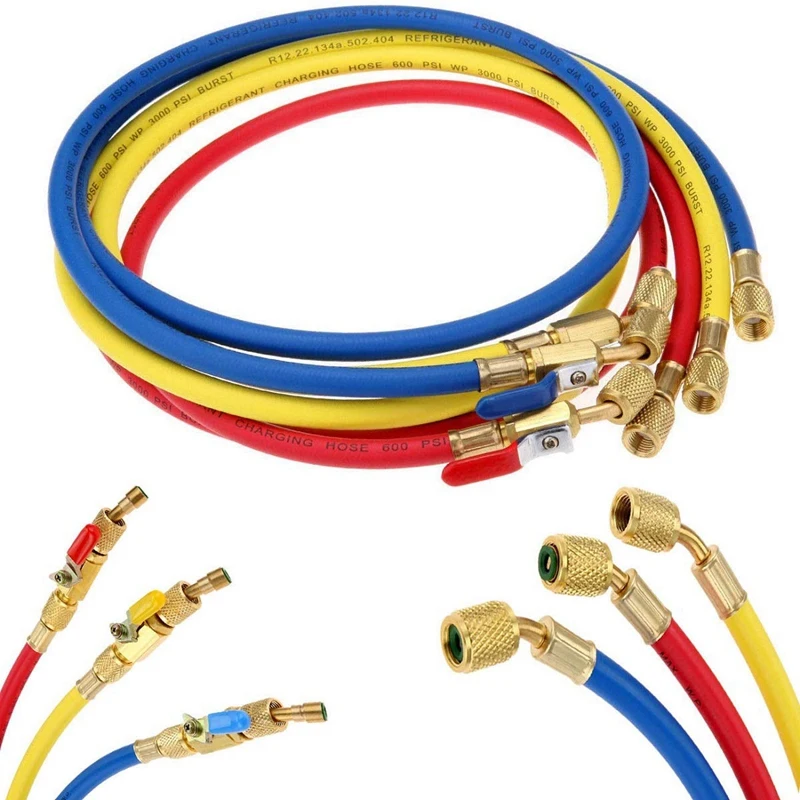 60 Inch R410A Hoses With Ball Valves For R22 R410A R404A R134A Refrigerant Manifold Gauge Set 3 Color Hoses In Red Blue Yellow